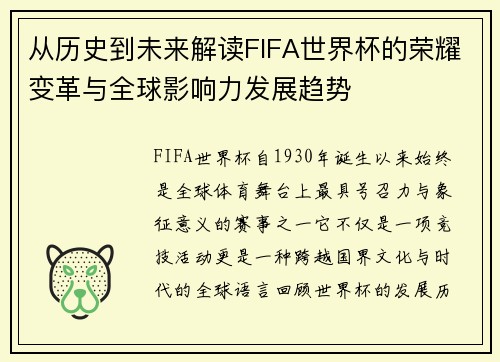 从历史到未来解读FIFA世界杯的荣耀变革与全球影响力发展趋势